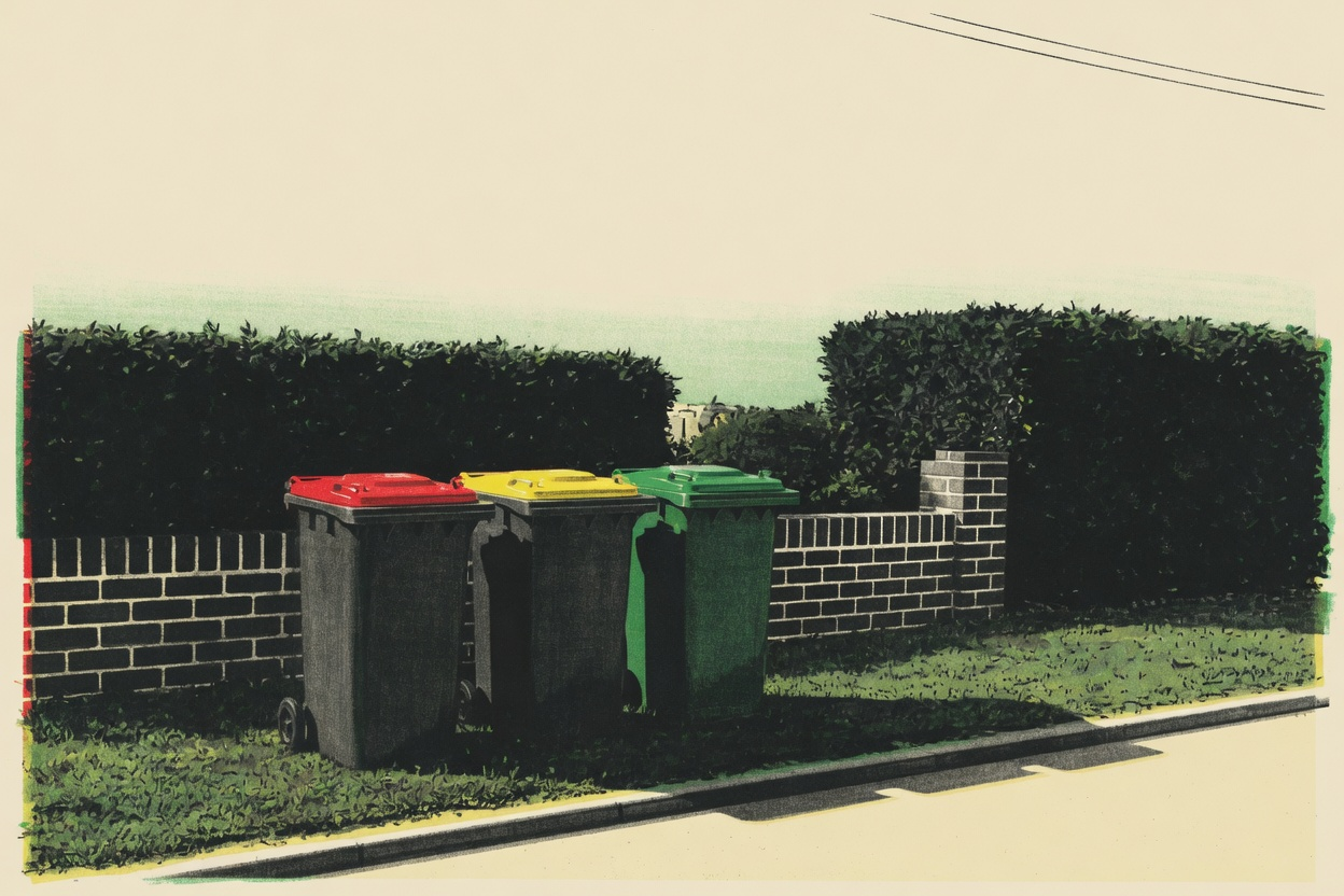 Australian kerbside wheelie bins with red general-waste, yellow recycling and green organics lids, set out at a suburban verge.
